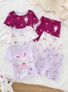 6 Pcs Baby & Baby Girl Rabbit & Flower Print Short Sleeve Top & Shorts Snug Fit Home Outfit Set - Multicolor - View 3