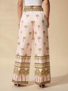 SHEIN PETITE 女士休闲椰子树印花高腰阔腿裤，度假