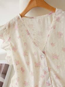 CosyJoli Blusa rosa con cuello bordado, manga corta y volantes, de uso versátil y casual, talla grande para mujer - Rosa - Ver 4