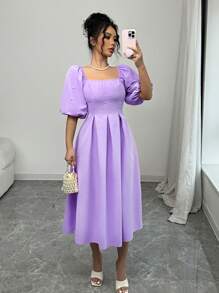 Rafferiza Square Neck Puff Sleeve Women's Purple Dress, Versatile For Spring & Summer - Mauve Purple - View 1