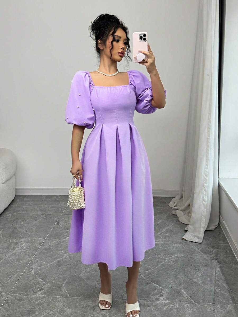Rafferiza Square Neck Puff Sleeve Women's Purple Dress, Versatile For Spring & Summer - Mauve Purple - View 1