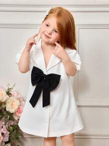 2pcs/Set Baby Girls Big Bow Decor Positioning Ruffled Dress&Matching Hat Set,Puff Sleeves Voluminous Black And White Summer Elegant Birthday Dress - Multicolor - View 6