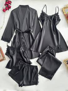 SilkySpell 5pcs/Set Women Embroidered Edge Camisole Top, Shorts, Pants, Nightdress, Belted Robe, Faux Silk Pajamas Set, Fall Winter Clothes - Black - View 1