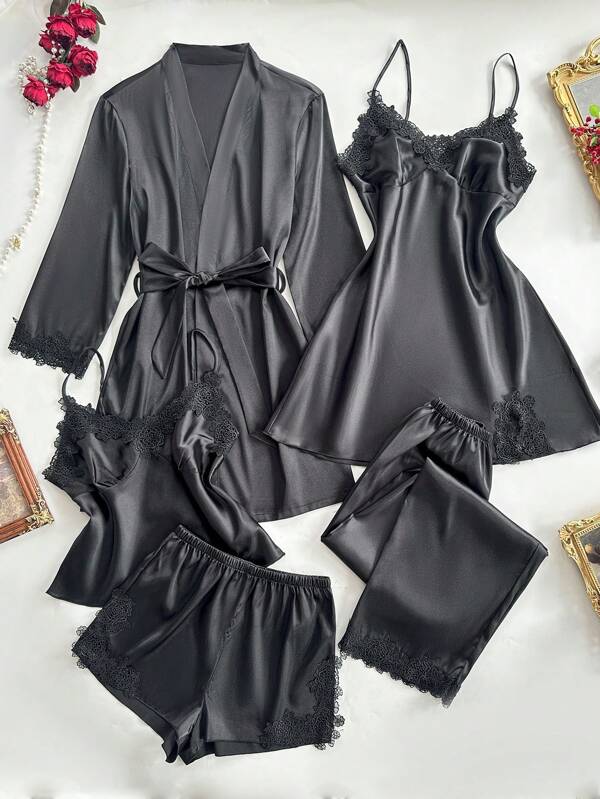 SilkySpell 5pcs/Set Women Embroidered Edge Camisole Top, Shorts, Pants, Nightdress, Robe, Faux Silk Pajamas, Vacation