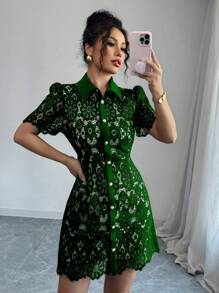 Elenzga Women's Elegant Solid Color Front Button Short Sleeve Dress, Summer - Green - View 4