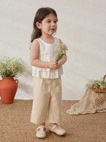 Blossori 女婴 2 件套春/夏编织杏色圆领荷叶边下摆上衣/卡其色裤子 - 白色 - 查看 7