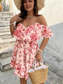 SHEIN VCAY Plus Size Bloemenprint Strappy Open Schouder Korte Mouw Jurk, Voor Vakantie