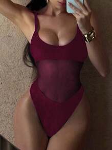 Swim SXY 女士纯色吊带网眼拼布性感镂空连体泳衣，夏季海滩和节日波西米亚风格 - 酒紅色 - 查看 3