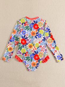 New Fashionable Tween Girl Printed Long Sleeve One-Piece Swimsuit - Red - View 2