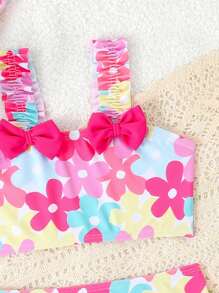 3pcs/Set Baby Girl Bow Patchwork Plaid Beach Dress Set With Cute Checked Hat - Multicolor - View 3