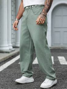 Manfinity Homme Men's Army Green Denim Jeans: Long Zipper Detail And Stylish Design For A Modern Look - Army Green - View 4