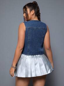 SHEIN ICON Áo vest denim giản dị cổ chữ V một hàng khuy cỡ lớn cho nữ - Rửa trung bình - Xem 2