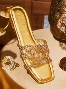 CUCCOO TILAWA Women's Fashion Square Toe Casual Outdoor Slip-On Sandals With Gold Rhinestone, Comfortable Flat Ladies Summer Slides - Gold - View 3