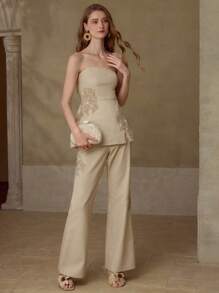 MOTF PREMIUM 刺绣喇叭裤 - 杏色 - 查看 4