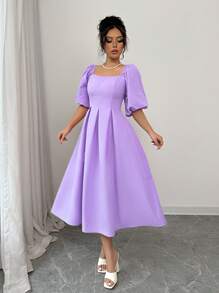 Rafferiza Square Neck Puff Sleeve Women's Purple Dress, Versatile For Spring & Summer - Mauve Purple - View 5