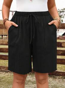 EMERY ROSE Plus Size Women Solid Color Tie-Waist Pockets Casual Shorts