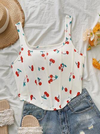 SHEIN VCAY 大码女式度假针织樱桃图案短款吊带背心，适合夏季、母亲节礼物、复活节、度假、音乐会等场合，可爱夏季女式上衣