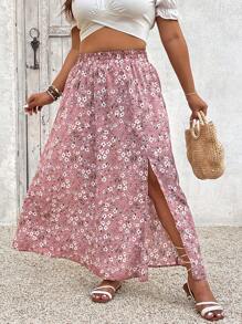 SHEIN VCAY Plus Size Women Vacation Elastic Waist Slit Hem Ditsy Floral Skirt - Multicolor - View 5