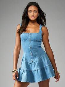 MISSGUIDED Corset-Style Denim Mini Dress With Button Front And Tiered Skirt Milkmaid Bustier Design Fit And Flare Summer Festival Sundress