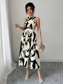 Elenzga 1 件女士无袖长裙，夏季时尚 - 杏色 - 查看 6