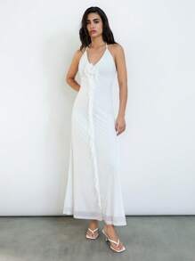 Maija 2015 Summer New Modern Elegant Business Casual Graduation Season Brunch Wedding Guest Everyday Versatile High-Neck Lace-Up A-Line Ruffled Mesh Layered Floral Dress, Suitable For Easter, Music Festival - White - View 5