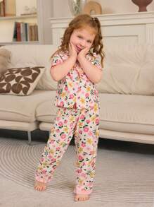 2pcs/Set Girls Floral Trimmed Short Sleeve Cardigan And Pants, Casual Comfortable Loose Fitting Pajama Sets For Toddlers, Summer