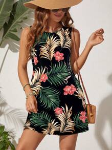 SHEIN VCAY Vestido sin mangas de cuello redondo con estampado tropical de vacaciones