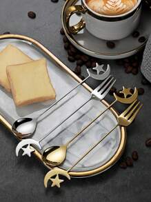 2 Pieces/Set Stainless Steel 304 Honey Dessert Spoon Stirring Spoon Coffee Spoon Stars And Moon Spoon Fork With Ceremonial Cutlery Spoon - Multicolor - View 2