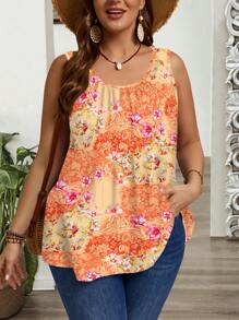 EMERY ROSE Plus Size Tie Dye Orange Print Pleated Loose Fit Spaghetti Strap Top & Camisole, Suitable For Spring/Summer Suitable For Going Out - Multicolor - View 3