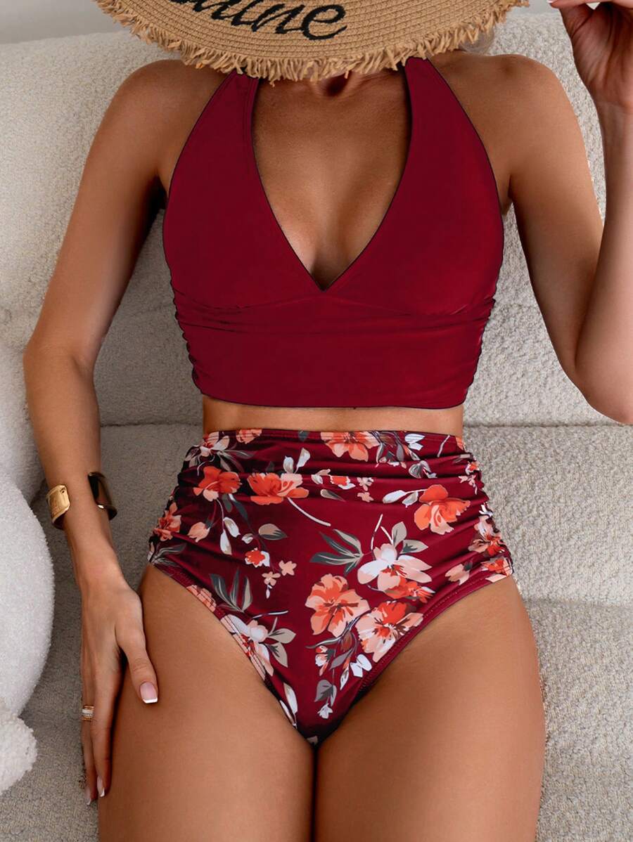 SHEIN Swim 女士花卉印花吊带性感比基尼两件套泳衣套装 - 酒紅色 - 查看 1