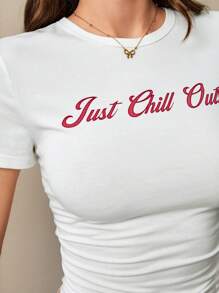 Poéselle Casual "Just Chill Out" Graphic Crop Top - Comfortable For Everyday Wear,Women's Graphic Tees, Crop Tops, Casual Summer Shirts, Relaxed Fit T-Shirts, Street Style Outfits