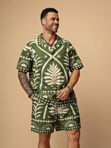 EASEVO Plus Size Men's Loose Printed Woven Shirt & Shorts Set - Army Green - View 5