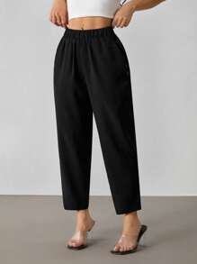 SHEIN PETITE Women Casual Commuter Plain Color Tapered Pants - Black - View 6