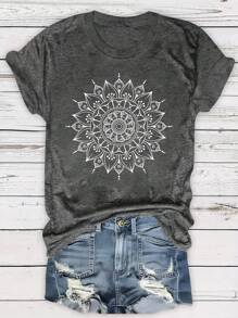 SHEIN LUNE Áo thun in hoa thường ngày cỡ lớn, mùa hè - Màu xám đen - Xem 3