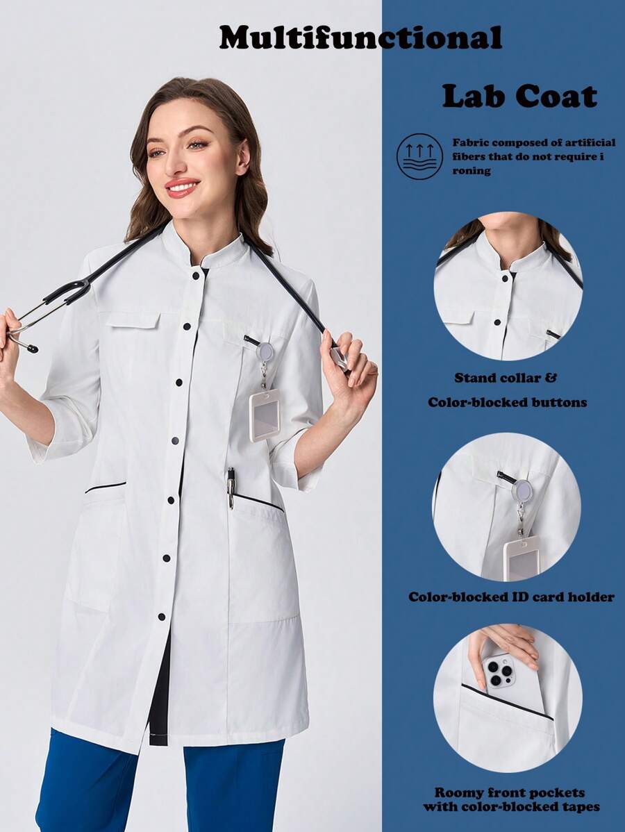 Scrubzie Anti-Wrinkle White & Black Contrast Lab Coat / White Coat For Women - White - View 1