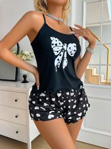 SHEIN Pyjama-Set aus Camisole und Shorts mit Herz- und Schleifenmuster für Damen