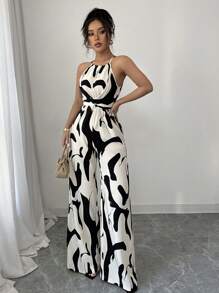 SHEIN PETITE Mono de ajuste de cintura con estampado de tela para mujer, uso elegante para vacaciones y diario