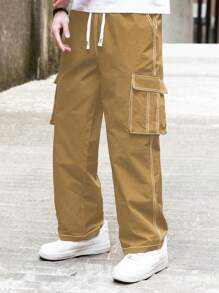 Claim Dot 男士休闲撞色针脚抽绳腰工装裤 男士阔腿裤 工装裤 男士宽松裤 男士宽松工装裤 - 卡其色 - 查看 4