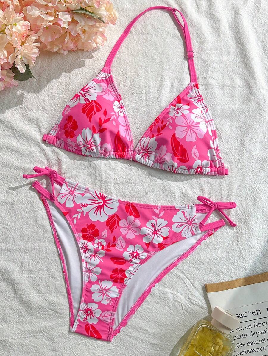SHEIN Áo bikini dây mảnh in họa tiết hoa nhiệt đới màu hồng cánh sen cho bé gái tuổi teen đi biển mùa hè - Màu Hồng Tươi - Xem 1