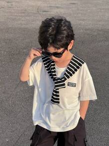 Jungen Lässiges koreanisches, charmantes Markenlogo Muster Rundhals Kurzarm gestreifter Pullover T-Shirt, geeignet für Pendeln, Schule, Alltag, Reisen, Sport, und passend für Frühling, Sommer, Herbst, Winter
