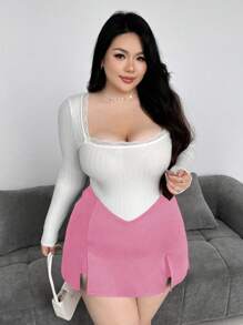 Flirla Plus Size Women V-Neck Waist Front Slit Mini Skirt Shorts - Pink - View 7