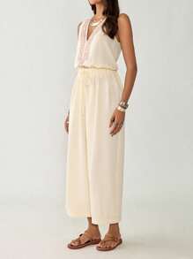 Florisole Women's Spring/Summer Bohemian Embroidered V-Neck Sleeveless Wide Leg Jumpsuit - Apricot - View 6