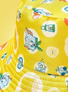 TOM & JERRY X SHEIN Full Print Cartoon Pattern Yellow Fashionable Bucket Hat - Yellow - View 3