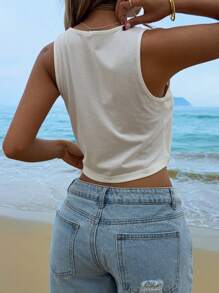 SHEIN EZwear Women Crew Neck Fitted Ocean Animal Starfish Shell Print Crop Top, Casual Summer Holiday Beach Back To School - White - View 2