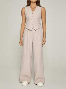 SHEIN Tall Completo casual da donna in 2 pezzi, con pantaloni e gilet tinta unita, adatto per l'ufficio - Albicocca - Visualizzare 7