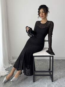 Modelyn French Retro Lace Patchwork Flare Sleeve Design Bodycon Fishtail Dress - Black - View 6