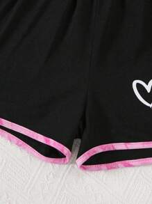 SHEIN Young Girl Casual Tie-Dye Heart Printed Short Sleeve Top And Shorts 2 Pieces Set, Summer Young Girls Clothes Young Girl Summer Clothes Young Girl Vacation Clothes - Hot Pink - View 5