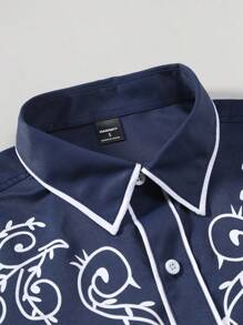 Manfinity Nomadique Men's Casual Patterned Print Front Button Long Sleeve Shirt, Men Embroidered Shirts, Men Cowboy Shirts, Western Shirts, Cowboy Shirts, For Fall - Navy Blue - View 4