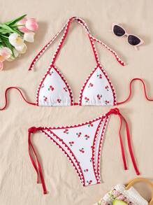 SHEIN Swim 全新女式 2 件套热带水果印花荷叶边撞色边吊带比基尼泳装套装，夏季度假海滩休闲服装 - 彩色 - 查看 1