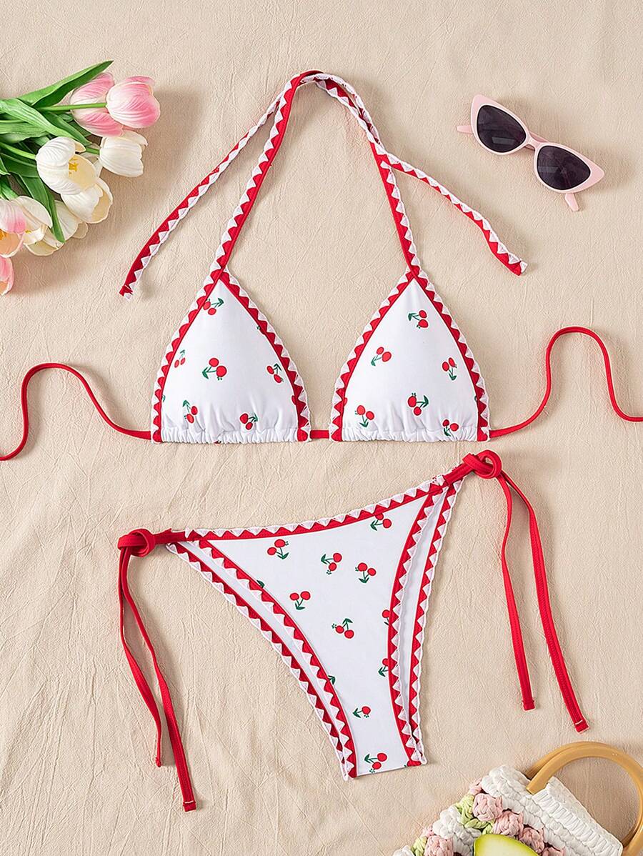 SHEIN Swim 全新女式 2 件套热带水果印花荷叶边撞色边吊带比基尼泳装套装,夏季度假海滩休闲服装 - 彩色 - 查看 1